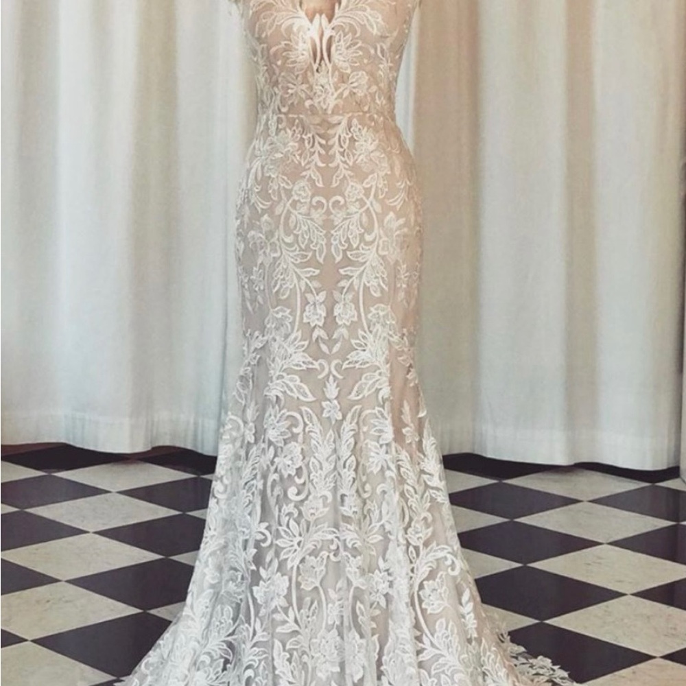 Romona Keveza Natural White Crepe and Sequined Lace Gown